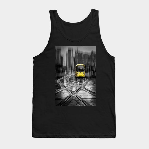 A Yellow Tram at a Stop in Manchester with ICM Tank Top by TonyNorth